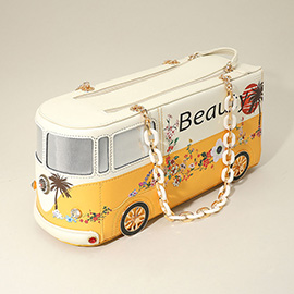Faux Leather Floral Beauty Bus Chain Strap Bag